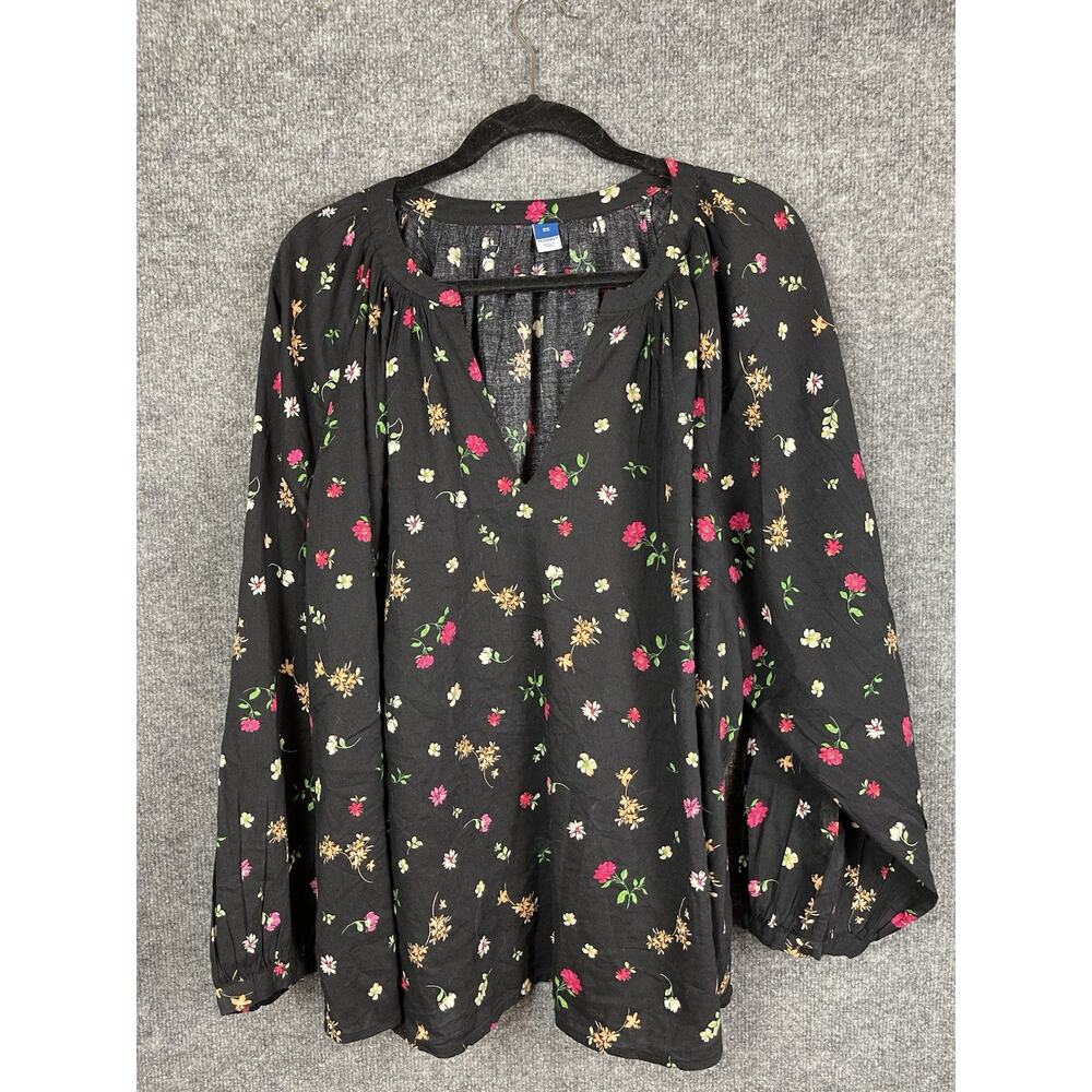 Old Navy Blouse 2X Plus Dark Floral Boho Flowy Puff Sleeve Tassel Peasant Tunic